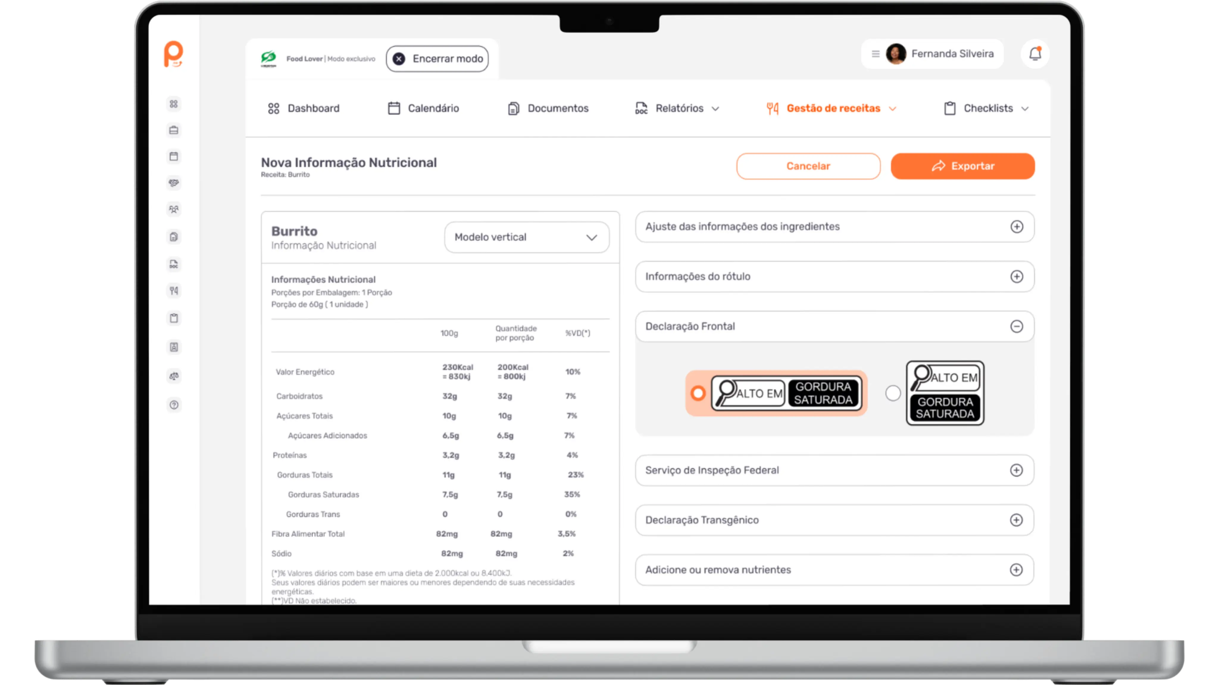 Captura de tela mostrando Rotulagem Nutricional - Crie e organize rótulos nutricionais de forma rápi...